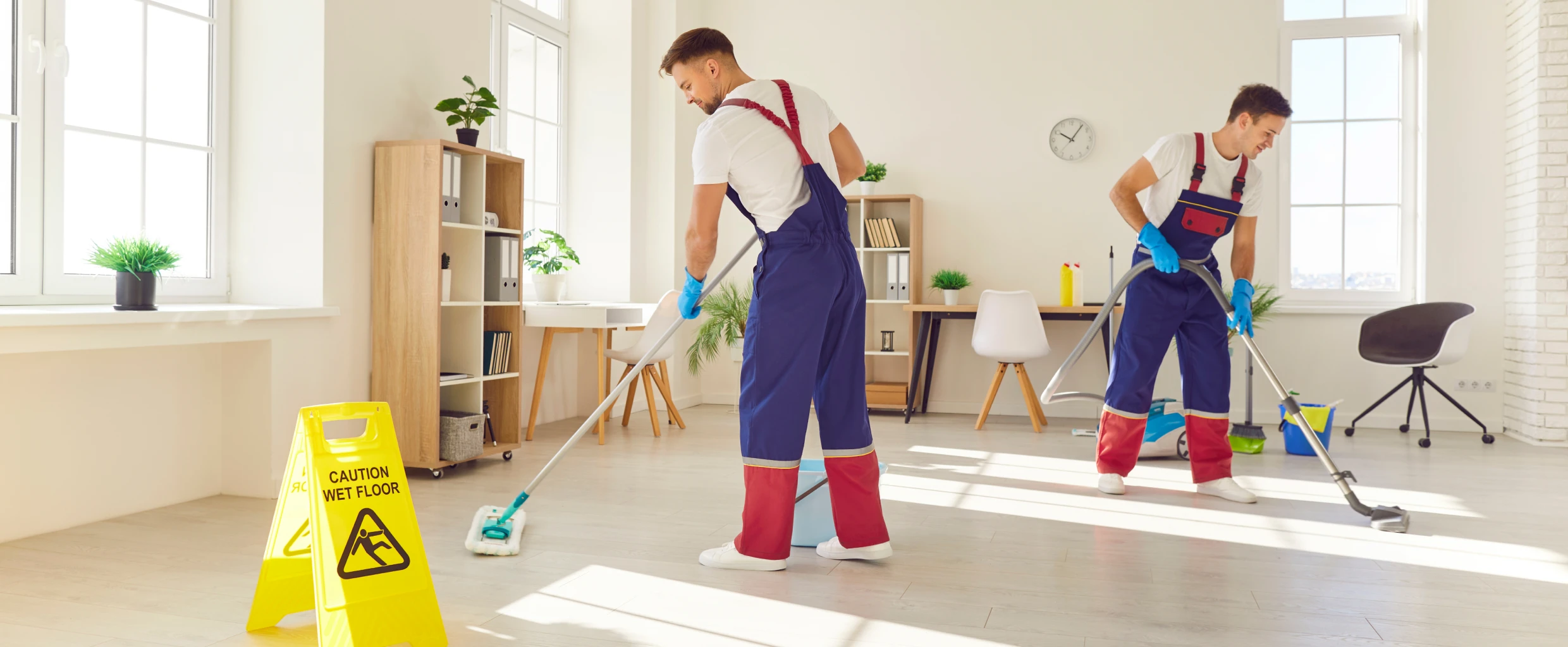 Workers cleaning office floor